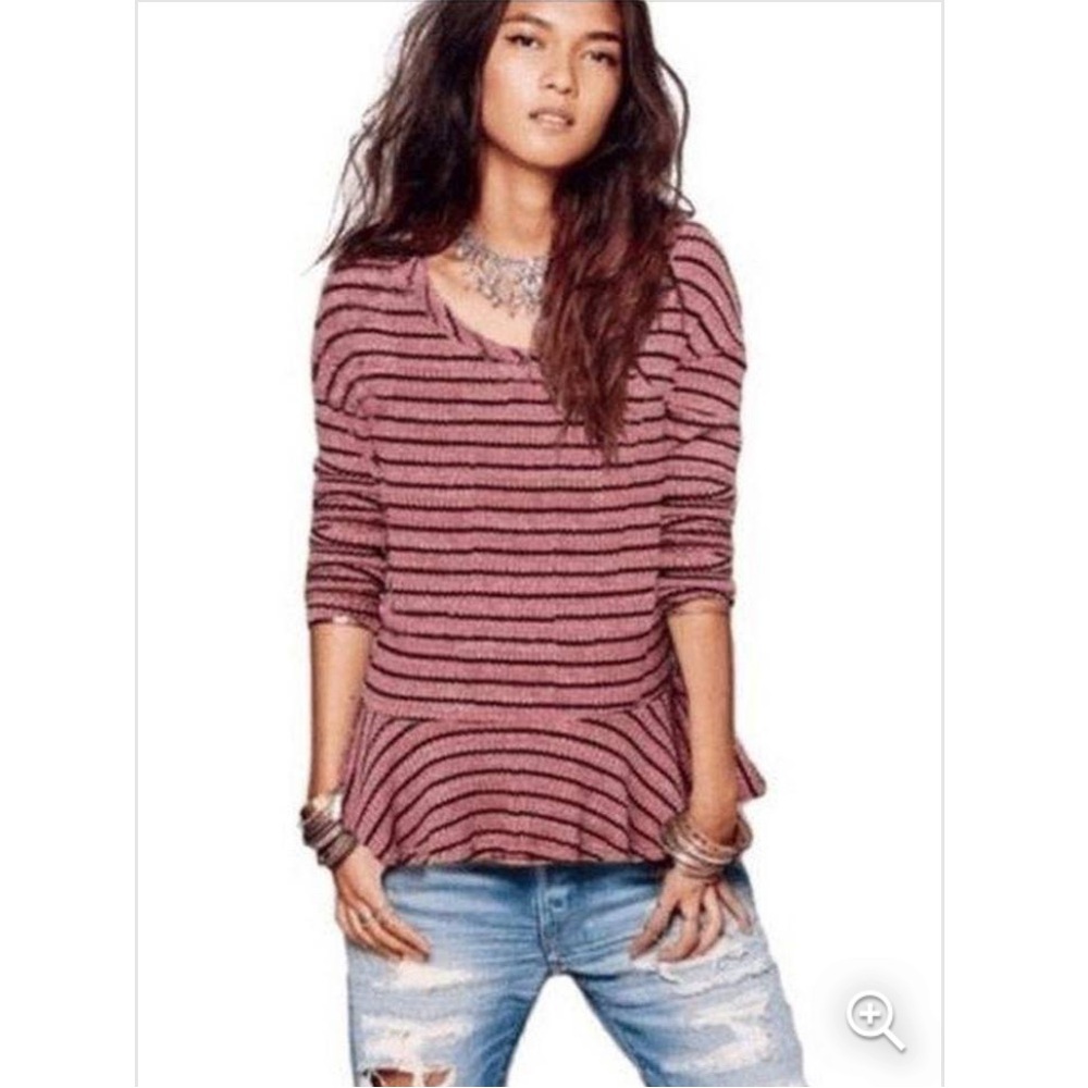 WE THE FREE Auntie Em Striped Waffle Knit Thermal Peplum Long Sleeve Top M Pink